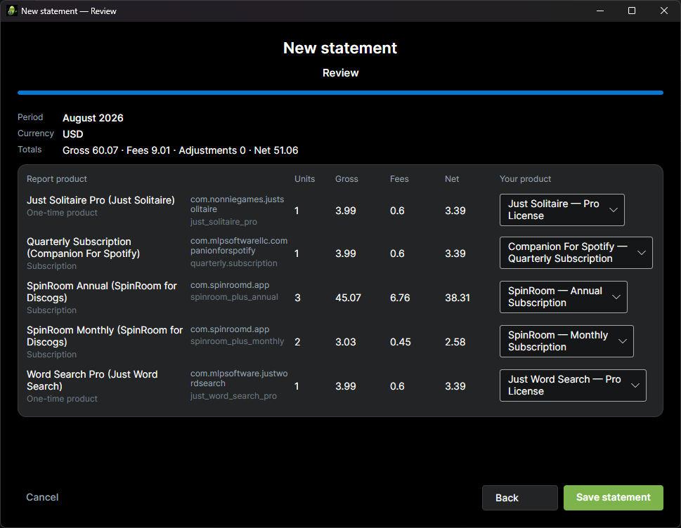IndieBean new statement review — map store report products to your apps with gross, fees, and net totals
