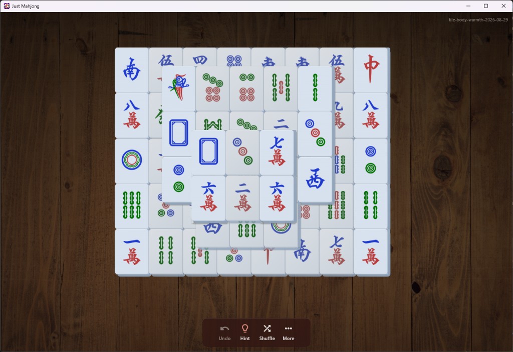 Just Mahjong — full gameplay with Undo, Hint, and Shuffle always available