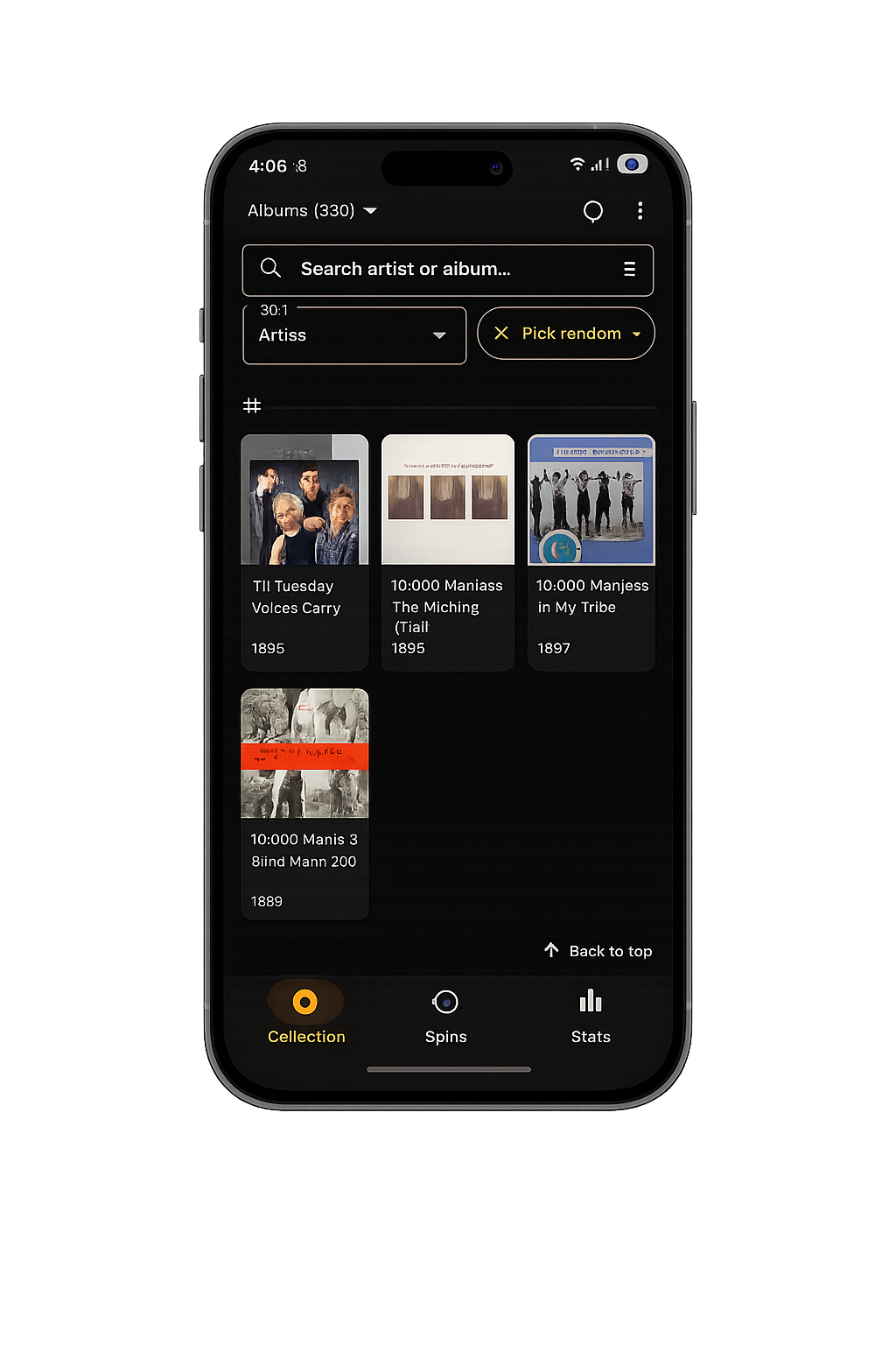 SpinRoom collection browse screen — album grid with search, sort, and random picker