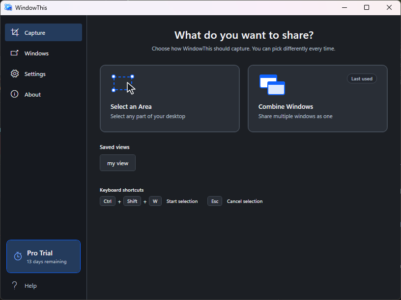 WindowThis Capture screen — Select an Area or Combine Windows, saved views, and keyboard shortcuts